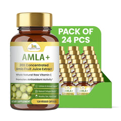 Organic Veda Amla C+ Capsules, 120-count bottles, showing soft gel capsules in a clear container on a white background.