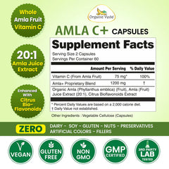 Organic Veda Amla C+ Capsules shown in a clear bottle, featuring vibrant green capsules for immune support and vitamin C.