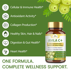 Organic Veda Amla C+ capsules in a bottle, showing the supplement capsules and label on a white background.