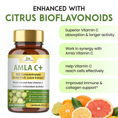 Organic Veda Amla C+ Capsules in a bottle, showing the capsules and label for natural vitamin C and antioxidant support.