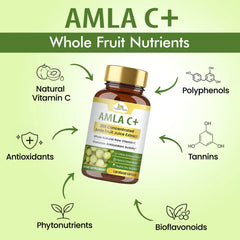 Organic Veda Amla C+ Capsules in a bottle, showing the capsules and label for natural vitamin C and health benefits.