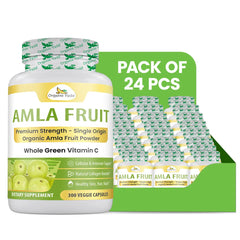 Organic Veda Amla Fruit Capsules, 300 count, in a clear bottle showing golden capsules, natural herbal supplement for health.