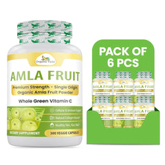 Organic Veda Amla Fruit Capsules, 300-count pack, showing multiple capsules in a clear container, highlighting natural herbal supplement.