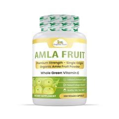 Organic Veda Amla fruit capsules in a bottle, showing 300 capsules, with the label visible and the capsules inside.
