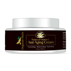 Organic Veda Anti-Aging Botanical Vitamin C Cream in 3.4 oz jar, featuring a smooth cream texture for youthful skin care.