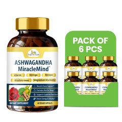 Six packs of Organic Veda Ashwagandha MiracleMind Capsules, 60-count bottles, showing the capsules in a natural setting.
