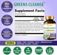 Organic Veda Greens Cleanse Capsules, close-up of capsules in a clear jar with fresh green herbs and ingredients in the background.