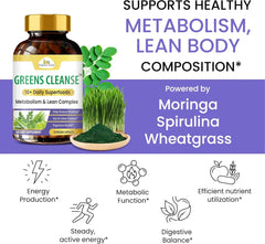 Organic Veda Greens Cleanse Capsules in a bottle, showing the supplement capsules designed for detox and digestive health.