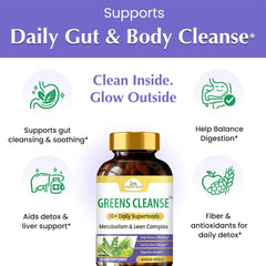 Organic Veda Greens Cleanse Capsules, softgel capsules with green herbal ingredients for detox and digestive support.