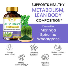 Organic Veda Greens Cleanse Capsules showing a bottle of herbal supplement capsules on a white background.