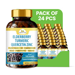 Organic Veda elderberry quercetin zinc capsules, 60 count per bottle, shown in a 24-pack box for immune support and wellness.