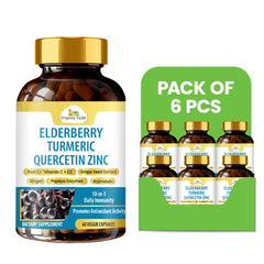 Six packs of Organic Veda Elderberry Quercetin Zinc Capsules, 60-count bottles for immune support and wellness.