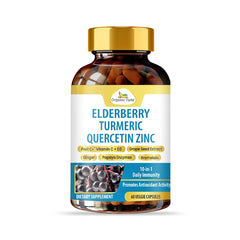 Organic Veda Elderberry Quercetin Zinc capsules, 60-count, showing the supplement bottles and label on a white background.