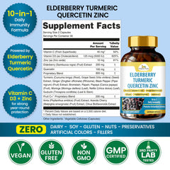 Organic Veda Elderberry Quercetin Zinc capsules in a bottle, showing the supplement packaging and 60 capsules.