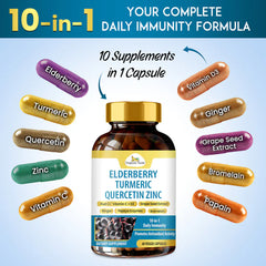 Organic Veda Elderberry Quercetin Zinc Capsules, 60-count, showing the bottle with capsules and elderberry extract label.