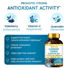 Organic Veda Elderberry Quercetin Zinc capsules, 60-count, showing the supplement bottle with capsules inside.
