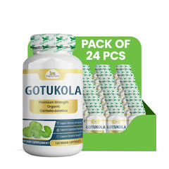 Set of 24 bottles of Organic Veda Gotukola Capsules, 120-count each, with capsules visible in clear bottles on a white background.