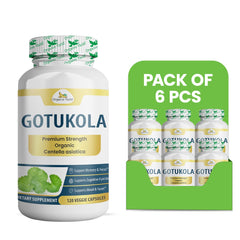 Organic Veda Gotukola Capsules, 120-count herbal capsules shown in a 6-pack, used for natural health and wellness.
