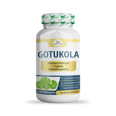 Organic Veda Gotukola Capsules in a bottle, 120-count, showcasing herbal supplement capsules for health and wellness.
