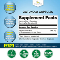 Organic Veda Gotukola Capsules in a clear bottle, showing green herbal capsules inside on a white background.