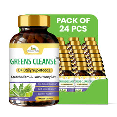 Organic Veda Greens Cleanse Capsules, 60-count gut and colon detox capsules displayed in a 24-pack.