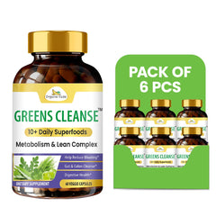 Six packs of Organic Veda Greens Cleanse Capsules showing 60 capsules per bottle for gut and colon detox.