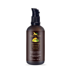Organic Veda Lemon and Orange Botanical Vitamin C Serum in 50ml bottle, featuring fresh citrus fruits and serum applicator.