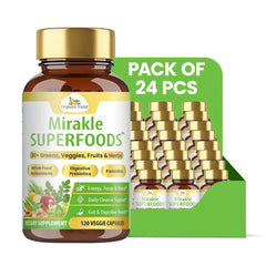 Organic Veda Mirakle Superfoods Greens capsules with 120 capsules in a pack, containing green juices and vegetables for health support.