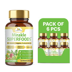 Organic Veda Mirakle Superfoods Greens capsules, 120-count, six-pack, featuring a blend of over 30 green juices and vegetables.