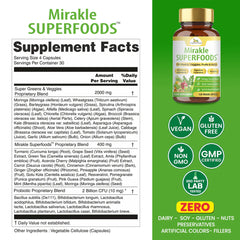 Organic Veda Mirakle Superfoods Greens powder with 30+ green juices and vegetables, shown in a vibrant green container.