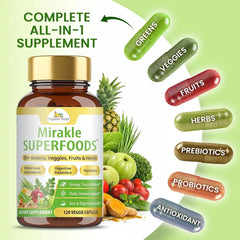 Organic Veda Mirakle Superfoods Greens image showing a vibrant green juice made from over 30 greens and vegetables.
