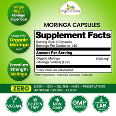 Organic Veda Moringa Capsules showing a bottle and capsules on a white background for natural health supplementation.