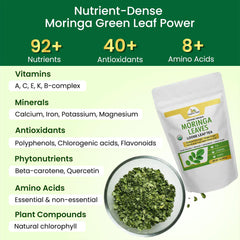 Organic Veda Moringa loose leaf tea in dried powder form, showcasing vibrant green dried Moringa leaves.