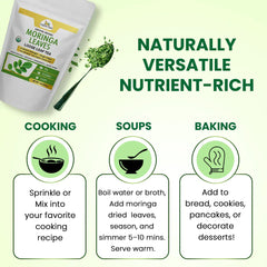 Organic Veda Moringa loose leaf tea powder, dried green leaves in a natural, finely ground form for health benefits.