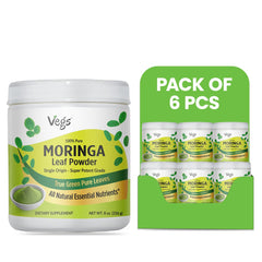 Vegs Moringa Leaf Powder in 8oz packs showing vibrant green powdered Moringa leaves in a resealable bag.
