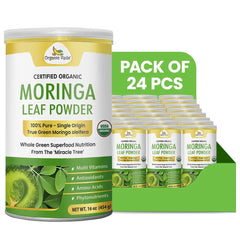 Organic Veda organic Moringa leaf powder in a 454g pack, showcasing vibrant green powdered Moringa leaves.