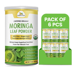 Six packs of Organic Veda Organic Moringa Leaf Powder in 454g bags, showcasing vibrant green powdered Moringa leaves.