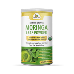 Organic Veda Organic Moringa leaf powder in a 454g package, showcasing the fine green powder in a clear container.