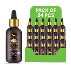 Set of 24 Organic Veda Moringa Oil bottles, 50ml each, showcasing clear bottles filled with golden Moringa oil.