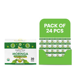 Organic Veda Moringa Original Tea powder in a pack of 24, showing the green powdered tea product in a resealable bag.