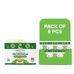 Organic Veda Moringa Original Tea powder in a 30-count pack, showcasing vibrant green Moringa powder in clear containers.
