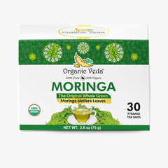 Organic Veda Moringa Original Tea powder in a jar, showing the vibrant green powder inside on the product label.