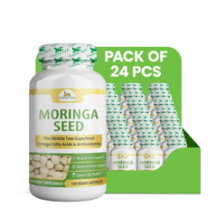 Organic Veda Moringa seed capsules in a 120-count pack, showing capsules in an open bottle on a white background.