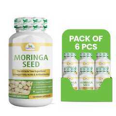 Six packs of Organic Veda Moringa Seed Capsules with 120 capsules each, showing the capsule bottles and label details.