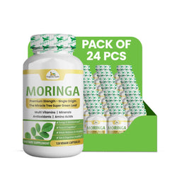 Organic Veda Moringa capsules, 120-count bottles, featuring green capsules filled with moringa powder for health and wellness.