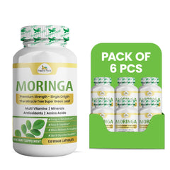 Six packs of Organic Veda Moringa capsules, 120-count bottles, showing the capsules in clear containers