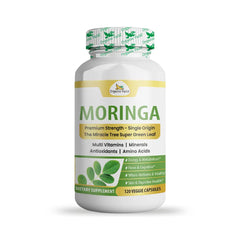 Organic Veda Moringa capsules in a bottle, showing 120 capsules, with a focus on the supplement and container.
