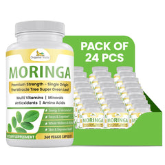 Organic Veda Moringa Capsules in a 24-pack, showing the capsules in a clear container with label details.
