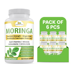 Organic Veda Moringa Capsules in a 6-pack, close-up of soft gel capsules showing their smooth, green exterior.