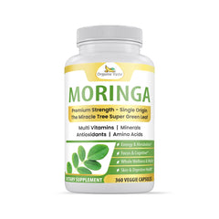 Organic Veda Moringa Capsules showing a row of green capsule bottles on a white background.